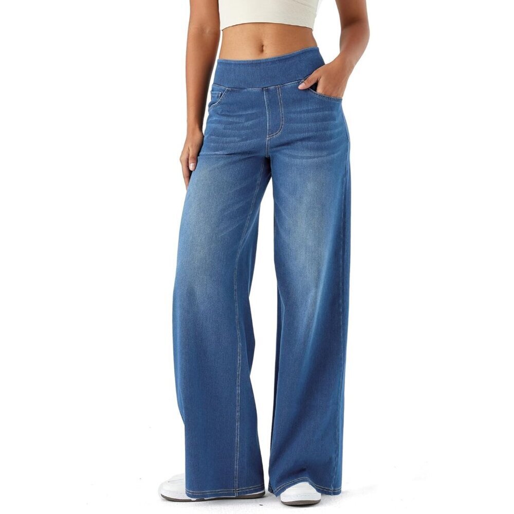 Women Wide Leg Jeans High Waist Casual Denim Pockets Body Shaping